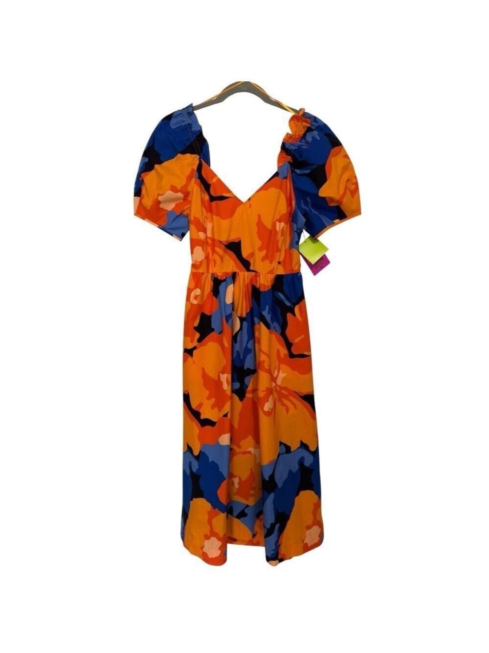 NWT Tabitha Brown Target Midi Dress Sz 6 Floral Puff Sleeve Tie-Back Orange Blue